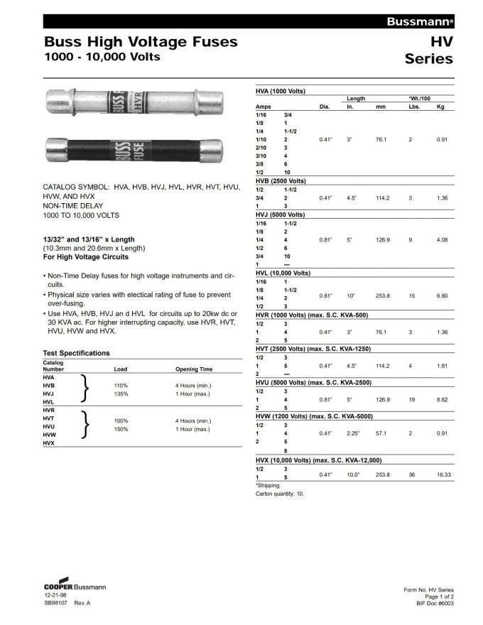 HVJ18 Series Non Time Delay Fuse For HV Instruments And Circuits