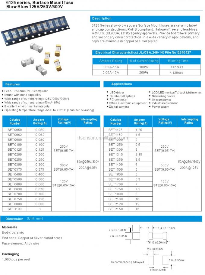 SMD Electronic Circuit Board Fuses 6.1*2.5*2.5mm SET1200 2A 250V FASE