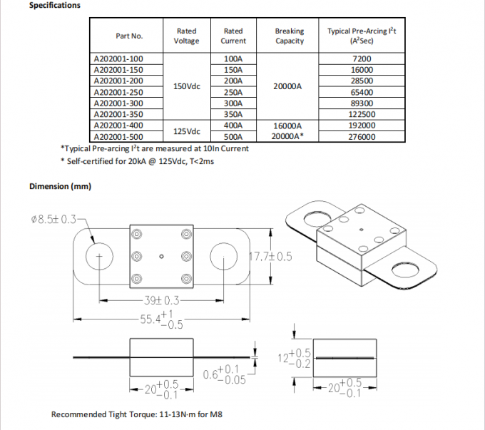 Breaking Capacity Ceramic A202001-150A 150VDC Fuses with 39mm Hole Distance and Affordable Prices 0