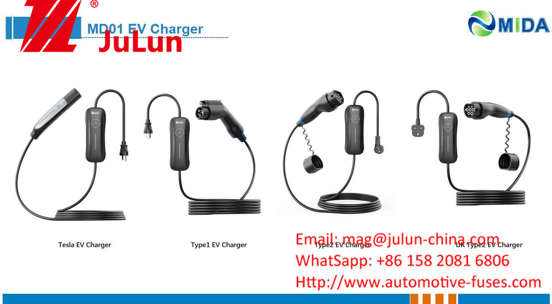 Flame Retardant Type 2 Portable EV Charger With AC110~250V Under Voltage Protection